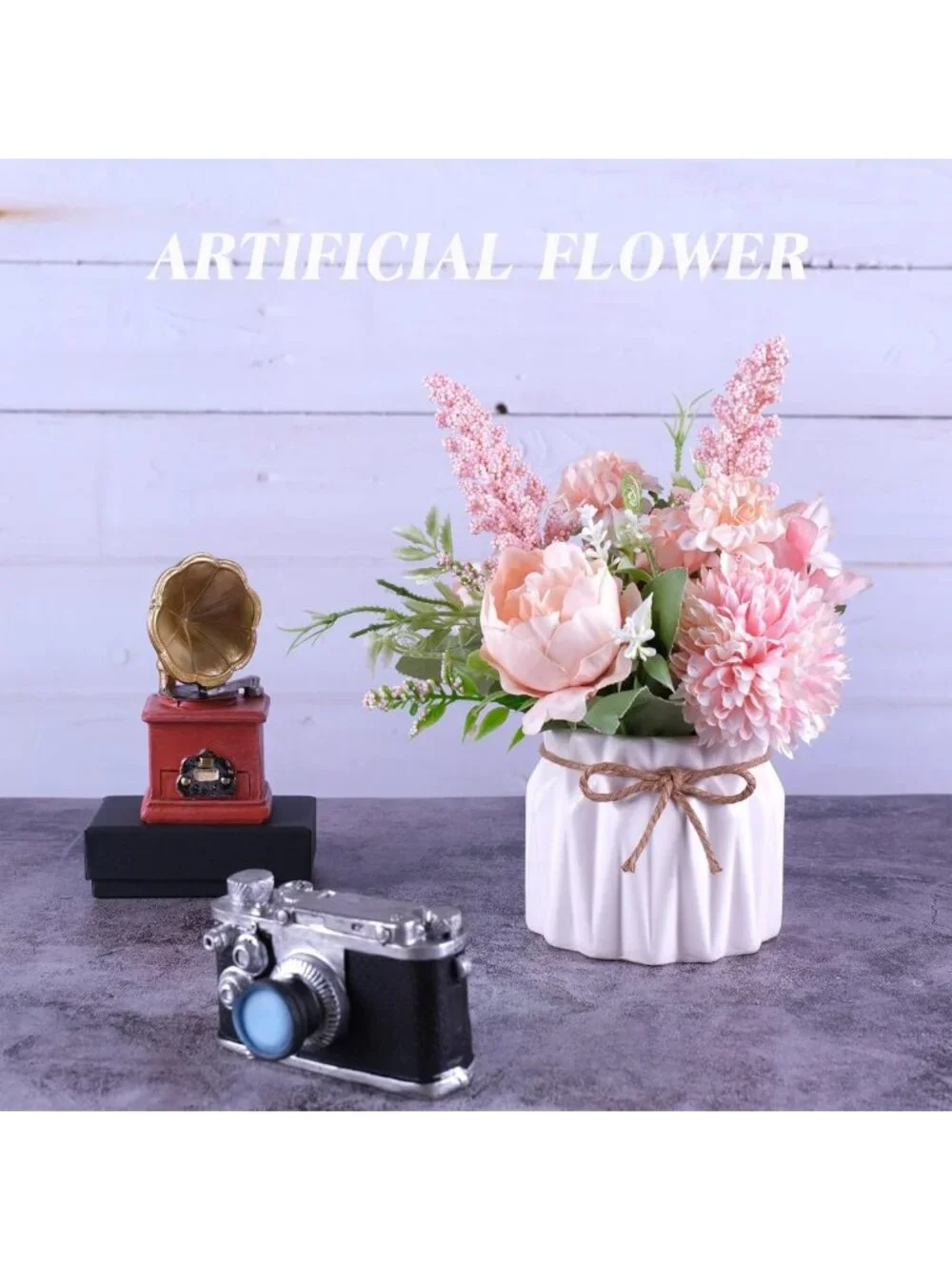 Pink Artificial Flower Arrangement in Small Ceramic Vase - Indoor Decor for Home
